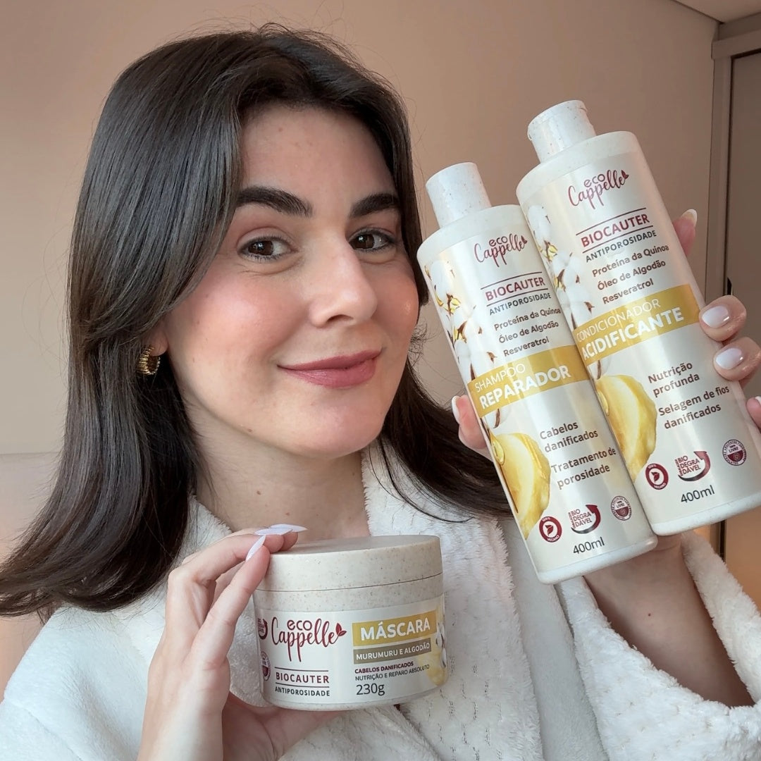 Kit BioCauter Antiporosidade - Shampoo Reparador + Condicionador Acidificante + Máscara de alta nutrição.