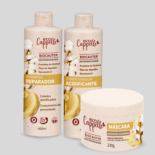 Kit BioCauter Antiporosidade - Shampoo Reparador + Condicionador Acidificante + Máscara de alta nutrição. - EcoCappelle