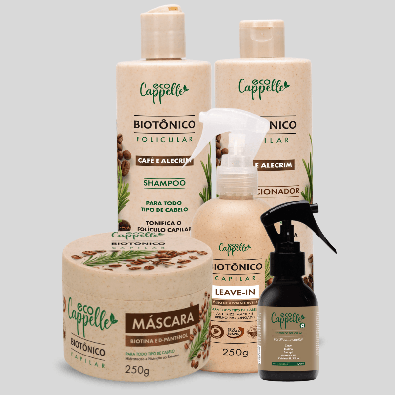 Kit Biotônico Folicular - Shampoo + Condicionador + Máscara + Leave - In + Tônico fortificante - EcoCappelle