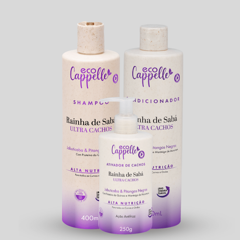 Ultra Cachos Raínha de Sabá - Shampoo + Condicionador Acidificante + Ativador de Cachos - EcoCappelle