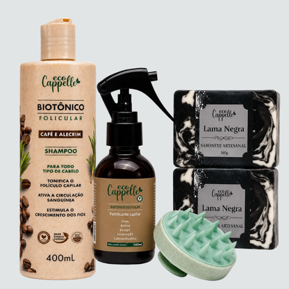 Shampoo de café + Tõnico Fortificante com 5 ativos + 2 barras Lama Negra + Escovinha massageadora para banho