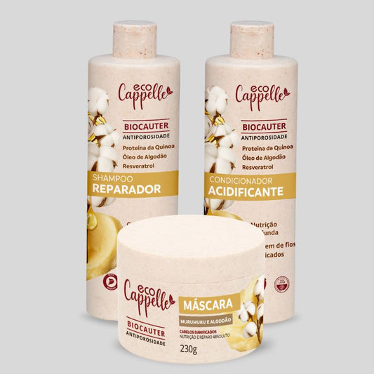 Kit BioCauter Antiporosidade - Shampoo Reparador + Condicionador Acidificante + Máscara de alta nutrição.
