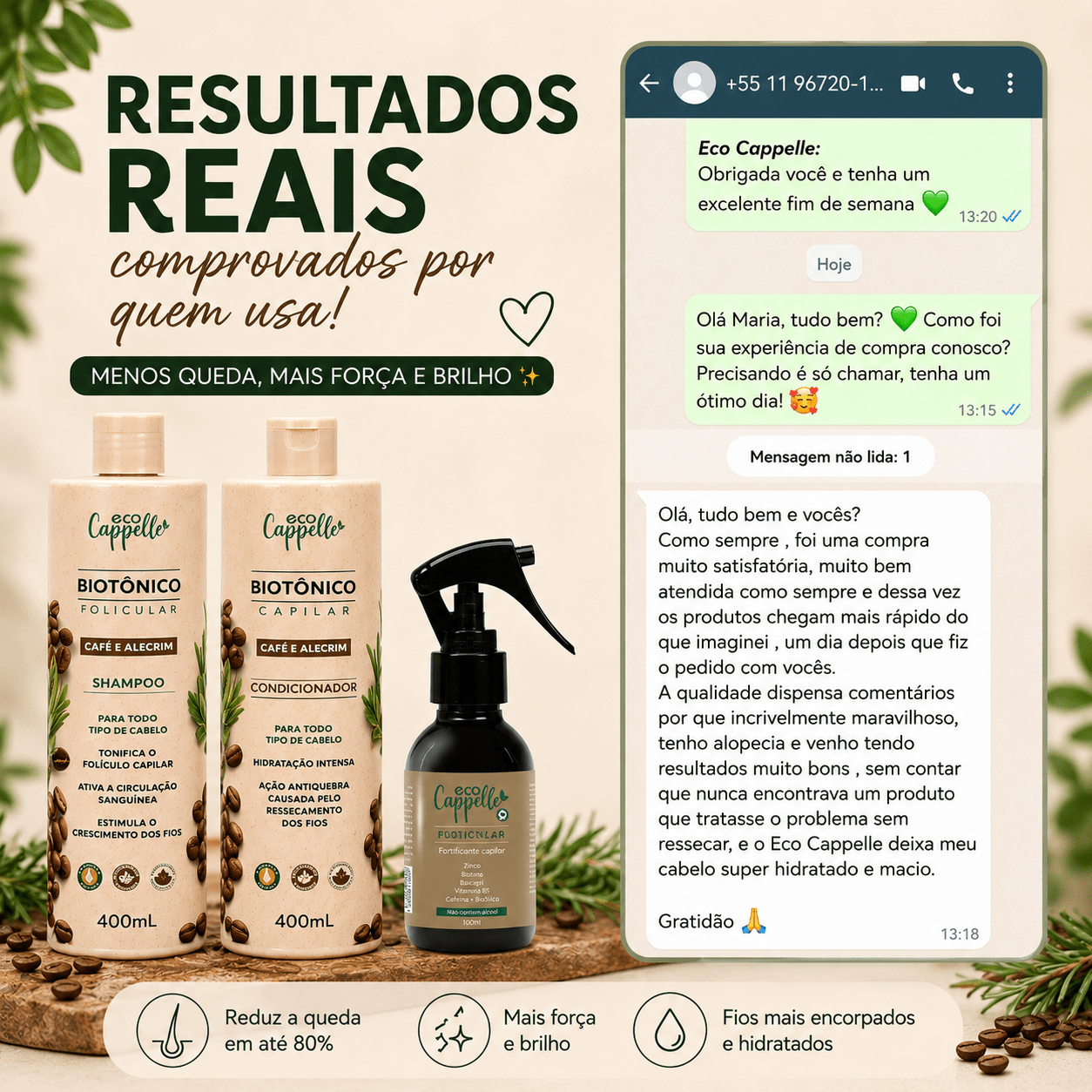 Kit Antiqueda Biotônico Folicular - Shampoo + Condicionador + Máscara + Leave-In + Tônico fortificante - EcoCappelle