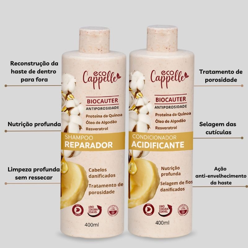 Kit BioCauter Antiporosidade - Shampoo Reparador + Condicionador Acidificante + Máscara de alta nutrição. - EcoCappelle