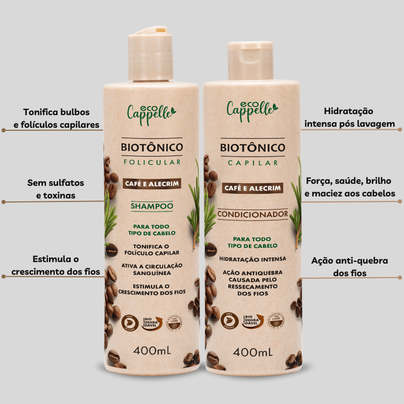 Kit Biotônico Folicular - Shampoo + Condicionador + Máscara + Leave - In + Tônico fortificante - EcoCappelle