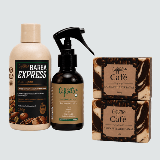 Shampoo de Barba + Tônico Fortificante com 5 ativos + 2 sabonetes artesanais de café. - EcoCappelle