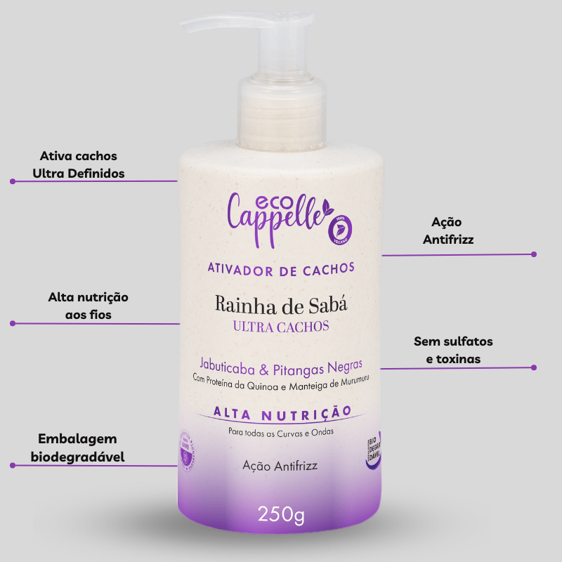 Ultra Cachos Raínha de Sabá - Shampoo + Condicionador Acidificante + Ativador de Cachos - EcoCappelle